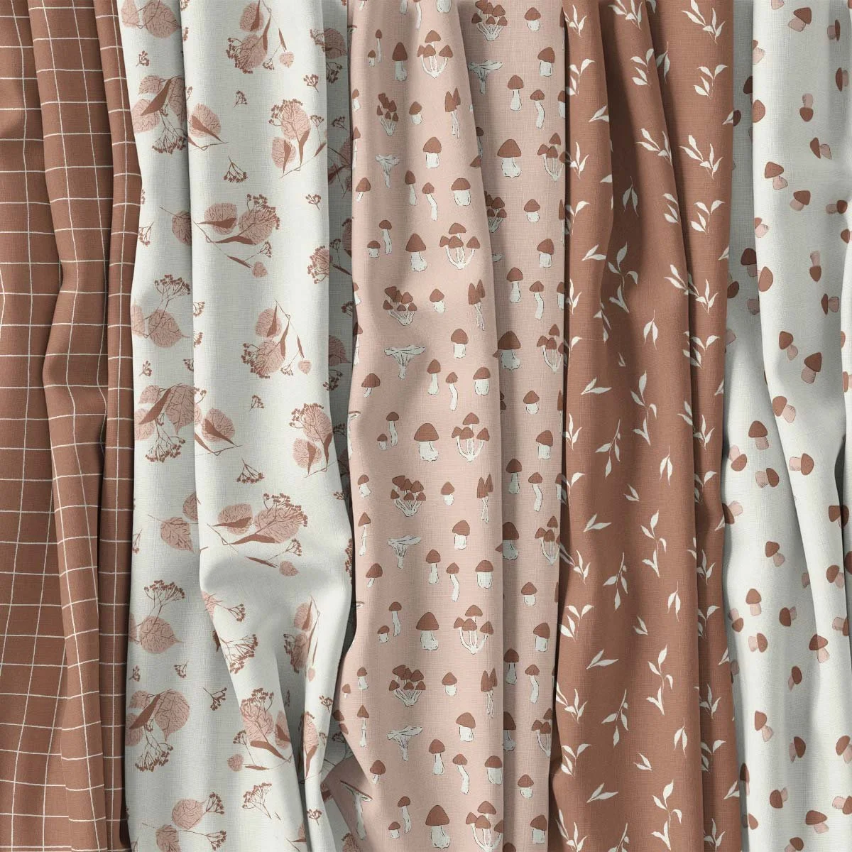 Earthy pastel fall seamless pattern collection with hand-drawn mushrooms, botanical leaves, delicate sprigs and checks in warm blush, cream and terracotta tones.