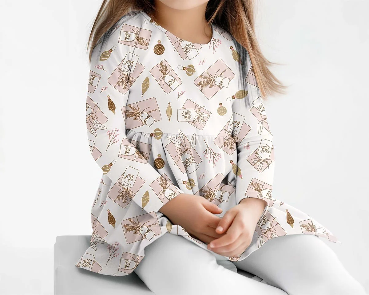 Light boho Christmas pattern collection printed on coordinating holiday fabrics for festive sewing, children’s apparel and seasonal accessories.