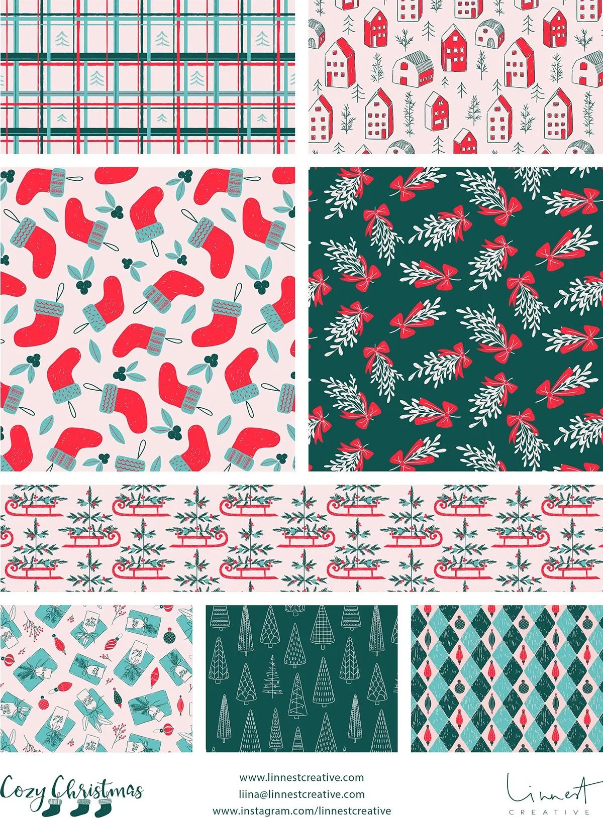 Modern Traditional Cozy Christmas pattern collection in festive red, turquoise and deep green.