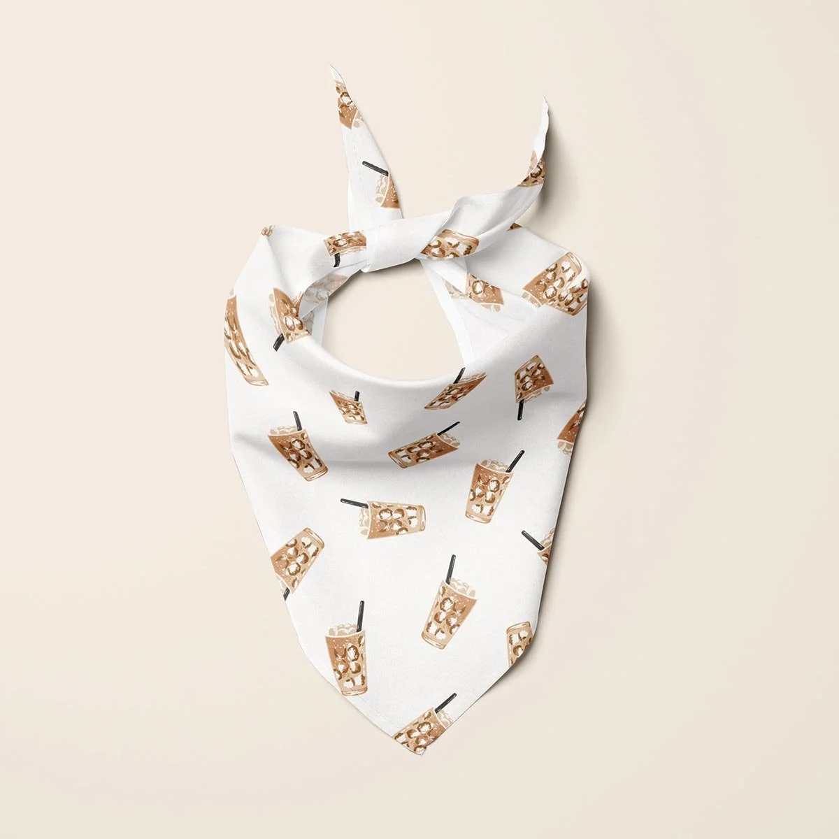 Cozy coffee lover seamless pattern design featured on a dog bandana, with playful café-inspired motifs from the Hamptons Hues collection.