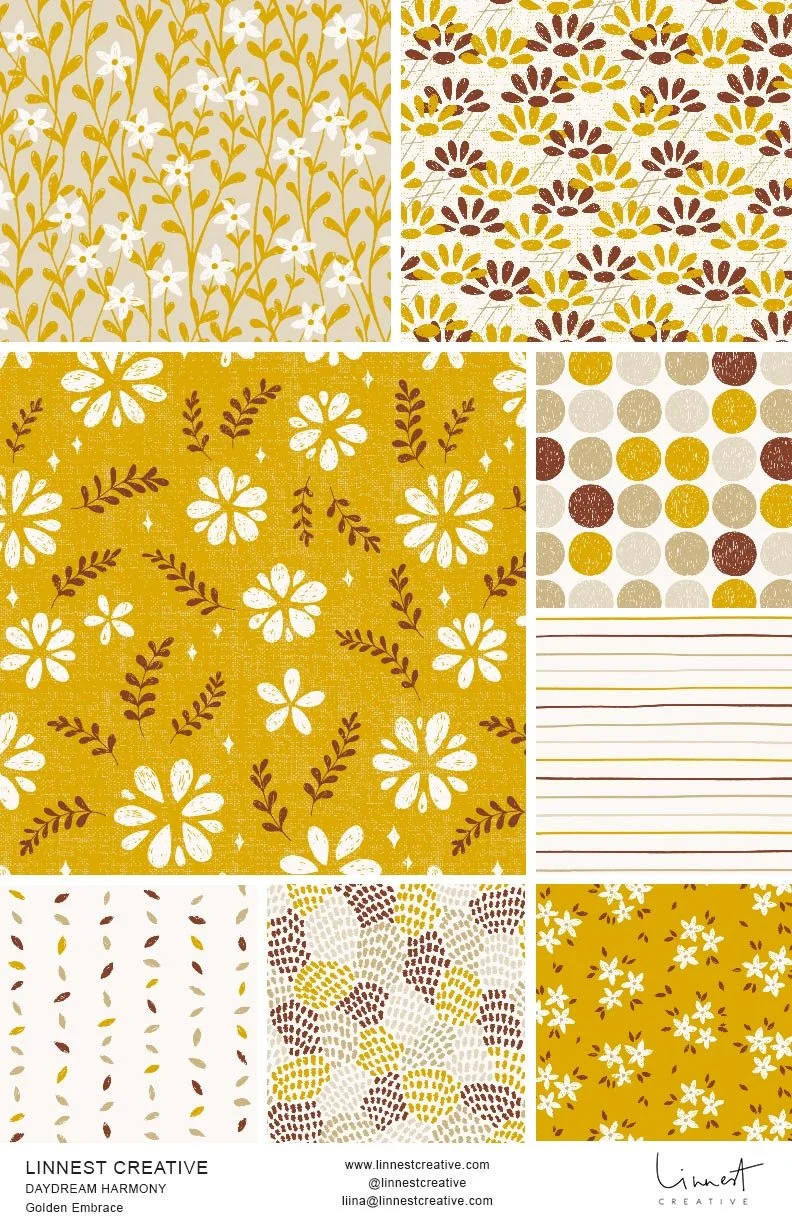 
Golden Embrace colorway from the Daydream Harmony seamless floral pattern collection, featuring warm golden tones for fabric and children’s products.