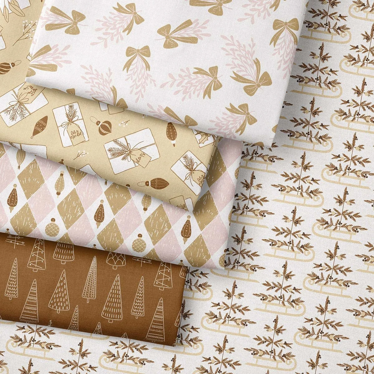 Pastel boho Christmas fabric collection with coordinating seamless holiday patterns for children’s clothing, festive décor and handmade gifts.