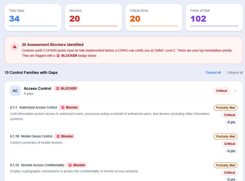 CMMC self-assessment tool showing identified control gaps for a defense contractor preparing for CMMC readiness