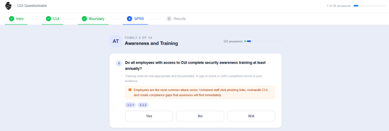 CMMC self-assessment tool showing SPRS cybersecurity assessment questions aligned to NIST SP 800-171