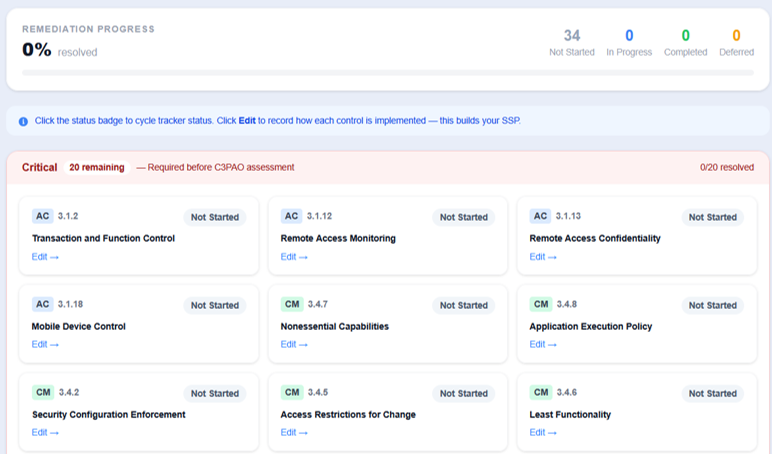 CMMC self-assessment tool showing prioritized cybersecurity controls for remediation planning