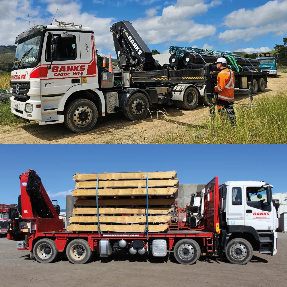 Banks Crane and Transport HIAB trucks transporting construction materials for delivery lifting and placement on site.