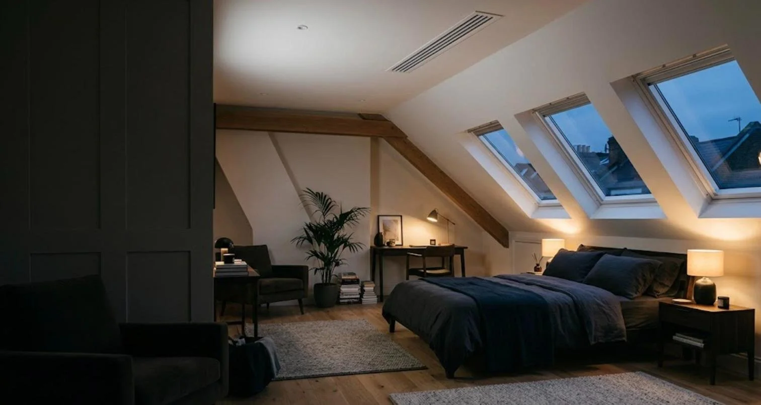 Panasonic UD3 slim ducted air conditioning with discreet ceiling grilles in a Kent loft bedroom