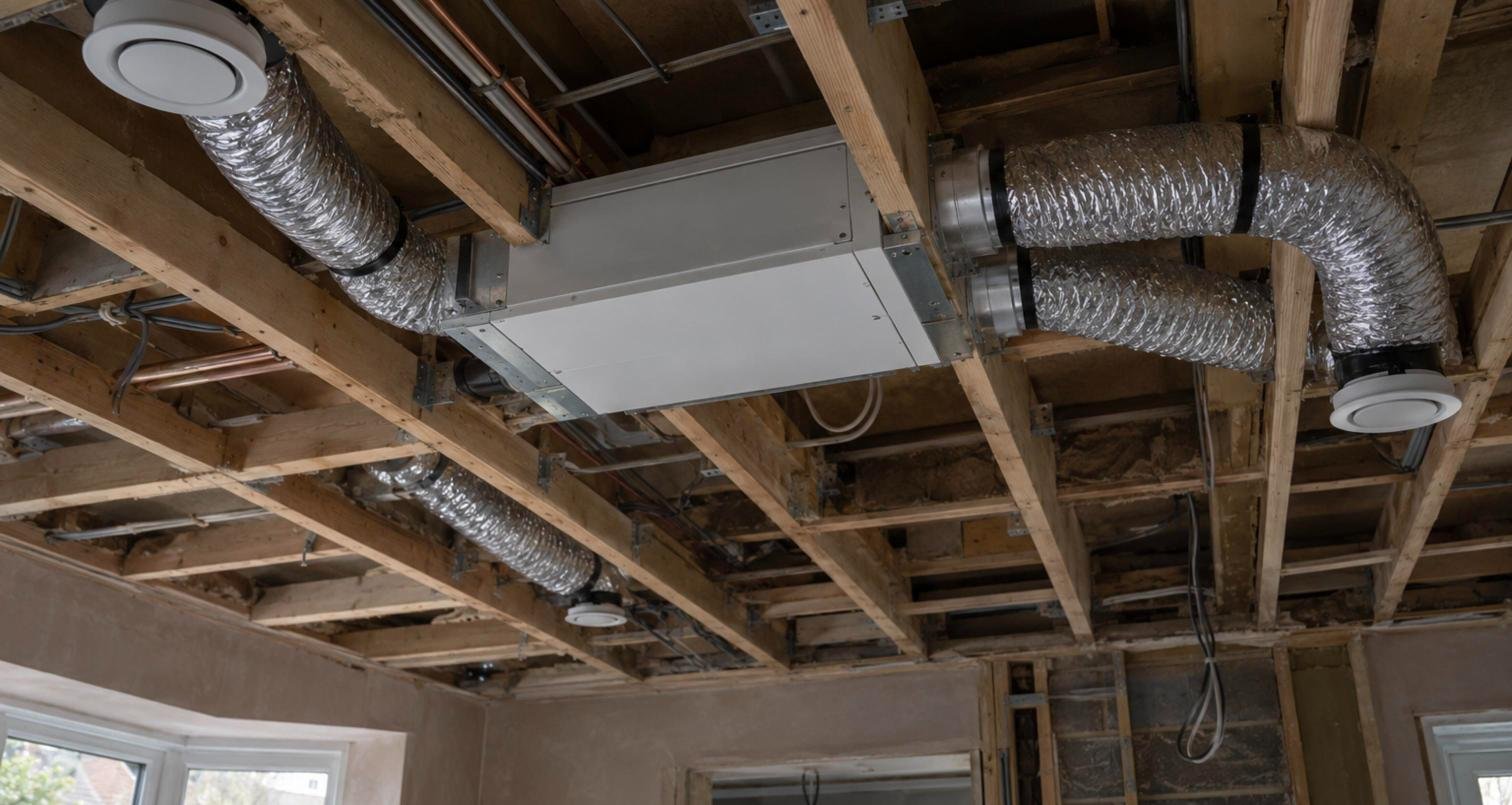 Ducted air conditioning ductwork and ceiling grille being installed in a ceiling void