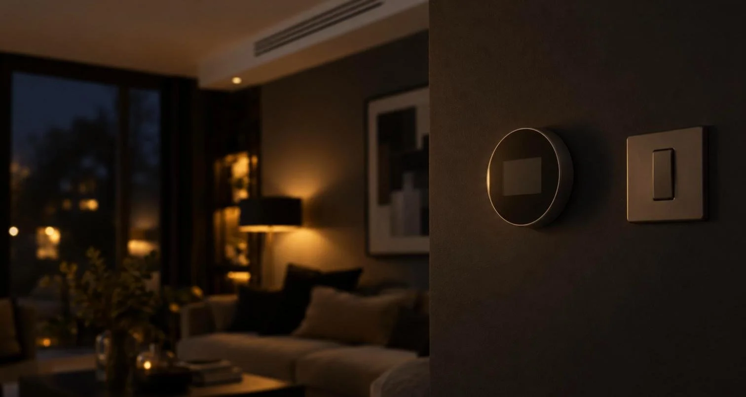 Zoned Panasonic ducted air conditioning with ceiling grilles and a room thermostat in a Kent home