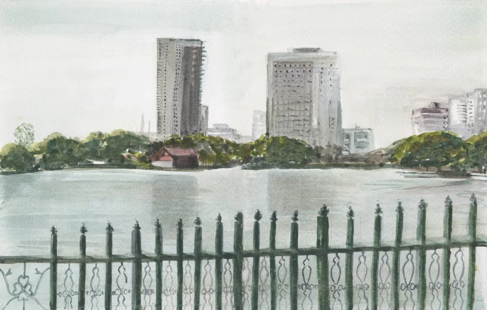 Light on the Lake, Ulsoor Bangalore - a fine-art print of Neha Tandon's watercolour on paper, 12 × 8 in · 30 × 20 cm