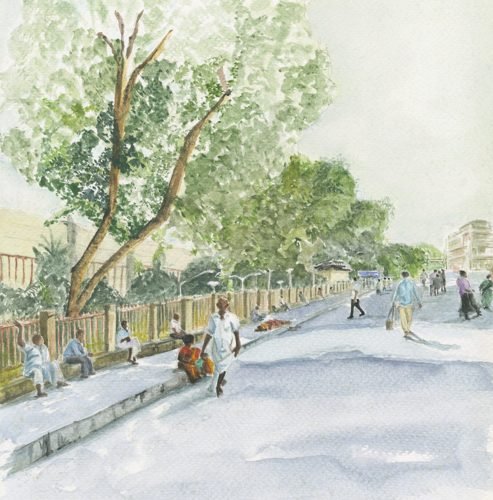 Walk up to Meenakshi Temple, Madurai - a fine-art print of Neha Tandon's watercolour on paper, 16 × 16 in · 41 × 41 cm