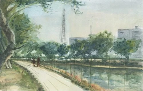 Evening Walk at Singasandra Lake, Bengaluru - a fine-art print of Neha Tandon's watercolour on 300 gsm cold-pressed paper, 23 × 17 in · 58 × 43 cm