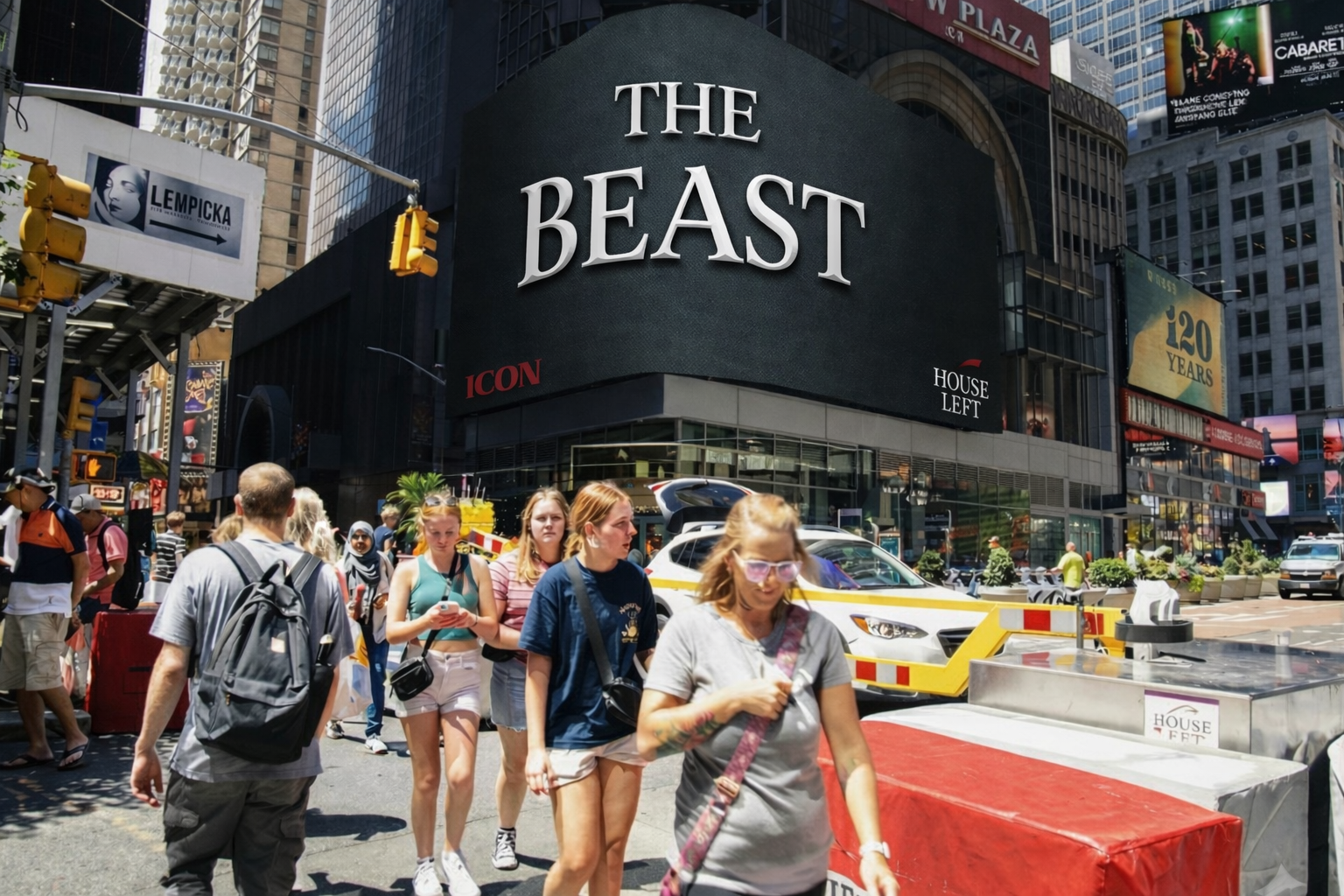 The Beast corner-wrapping Times Square digital billboard placement by House Left Studio