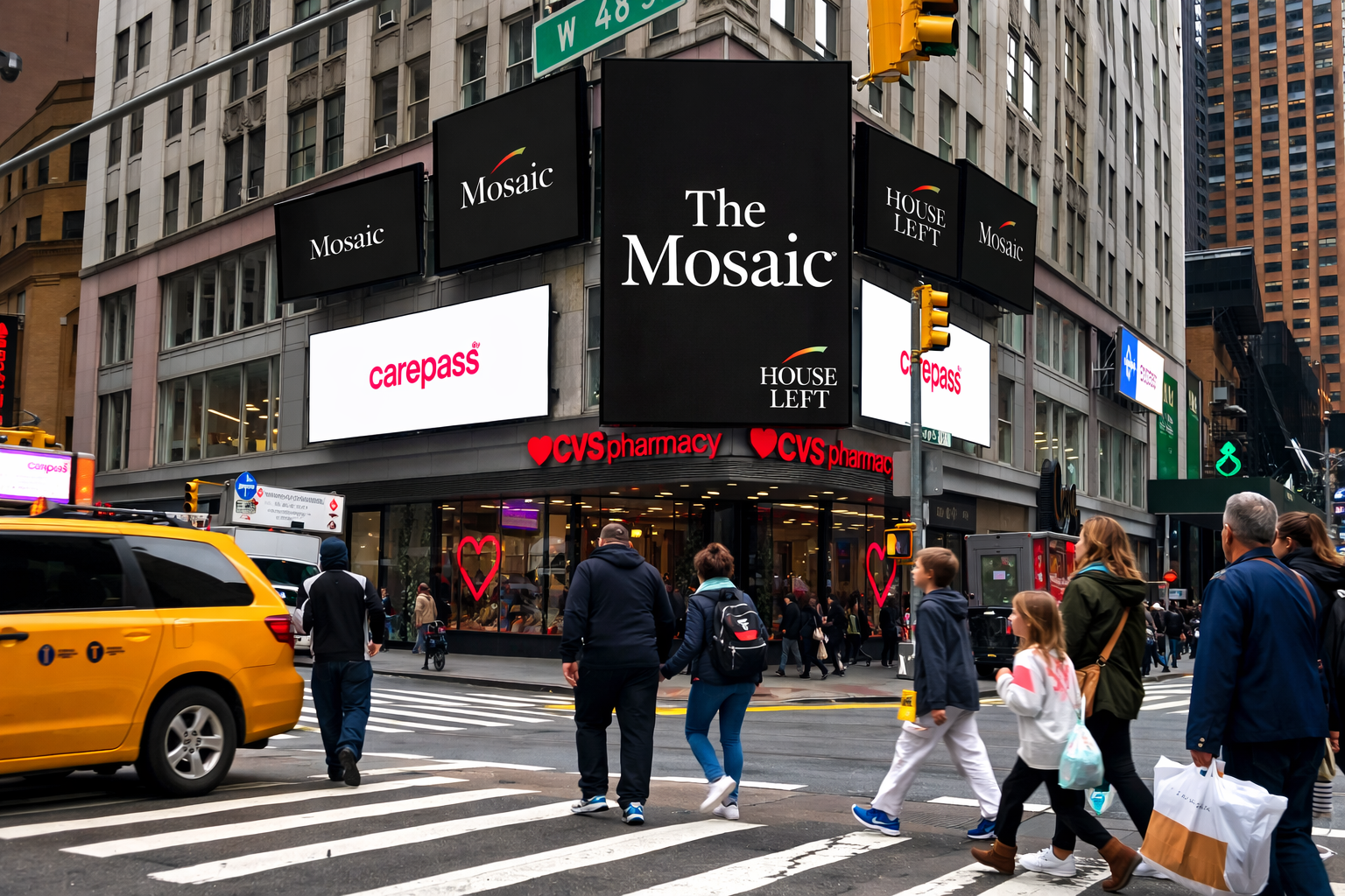 The Mosaic multi-screen Times Square digital billboard placement by House Left Studio
