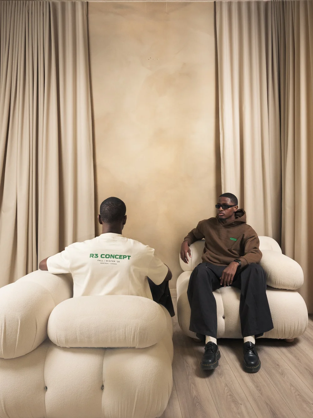 R3 CONCEPT lifestyle campaign with cream and brown pieces in a sculptural studio setting
