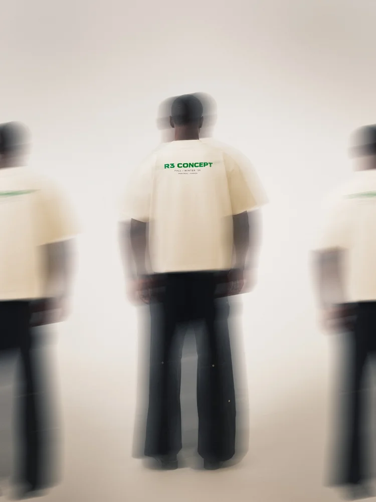 Cream R3 CONCEPT T-shirt back print framed by motion-blurred figures
