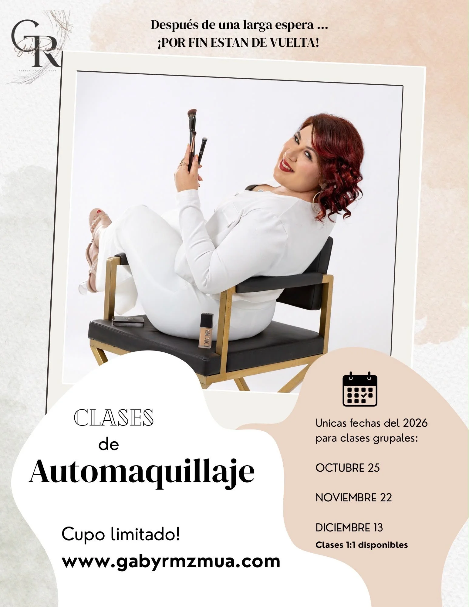 Clases grupales de automaquillaje con Gaby: 25 de octubre, 22 de noviembre y 13 de diciembre de 2026