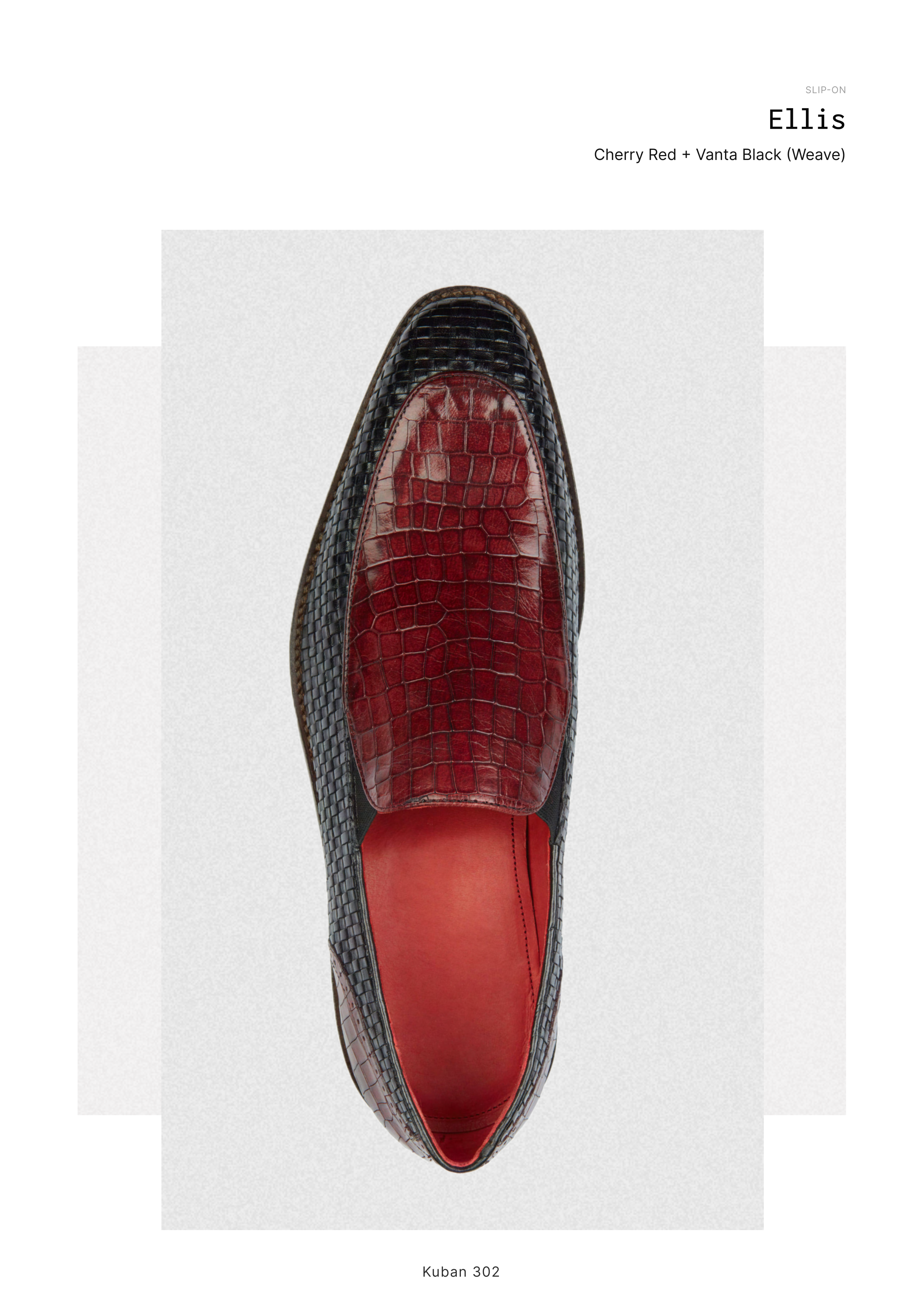 Ellis as catalogued — the studio reference for the two-material Cherry Red croco + Vanta Black weave Venetian slip-on on the Kuban 302 last