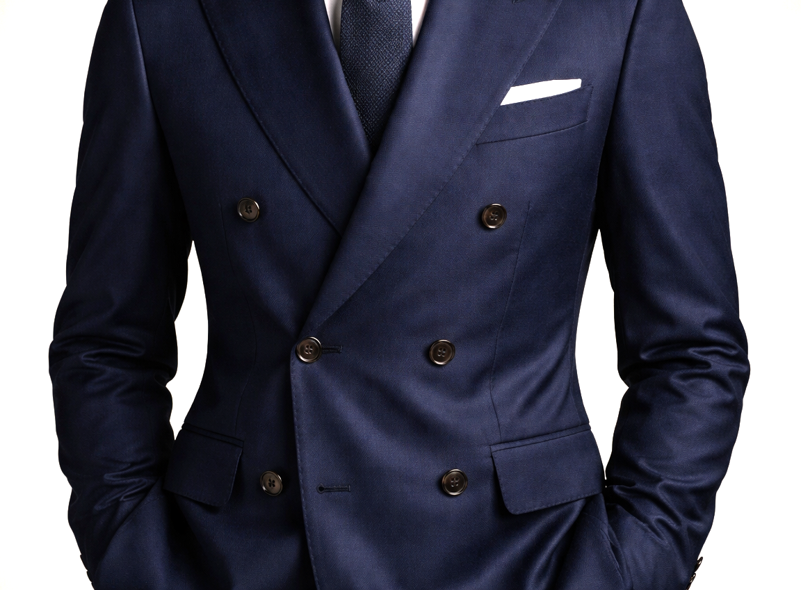 Double-breasted suit jacket with two columns of buttons and overlapping front for a bold formal silhouette