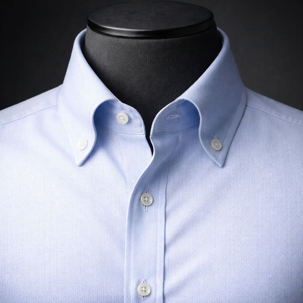 Button-down collar dress shirt with collar points fastened by small buttons — casual and preppy style