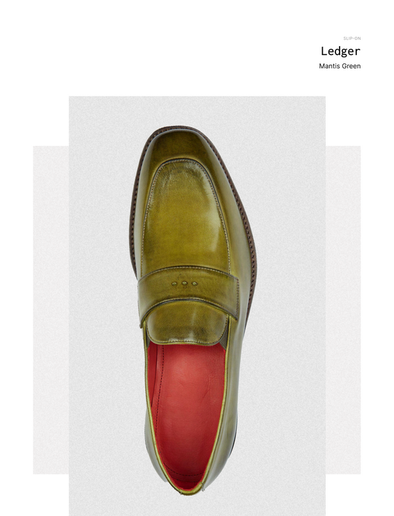Ledger as catalogued — the studio reference for the Mantis Green apron-front loafer on the Neva 503 last