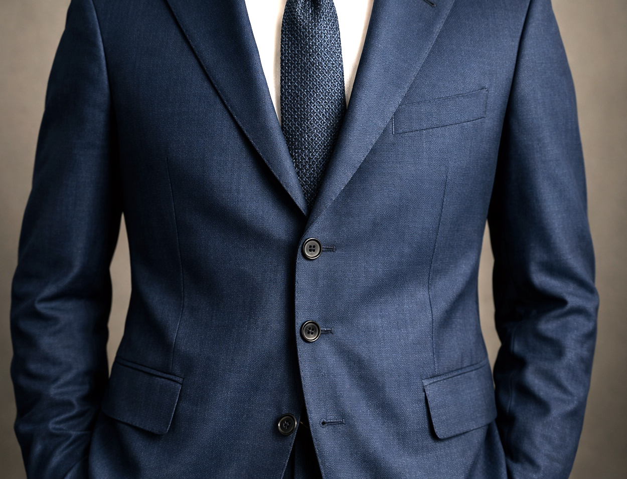 Three-button single-breasted suit jacket with higher fastening point that elongates the torso for taller frames
