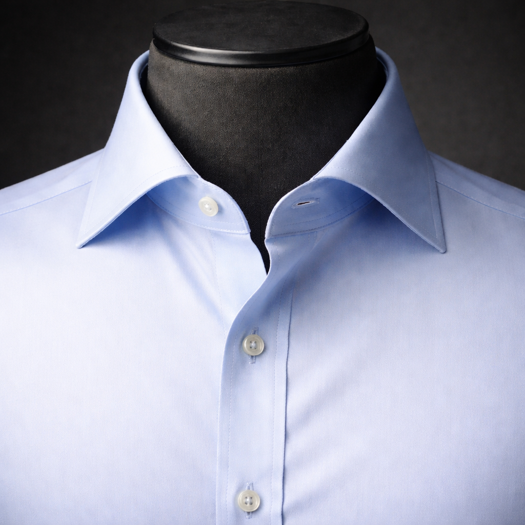 Cutaway collar dress shirt with wide horizontal points — modern and confident, great with thick Windsor knots or open collar