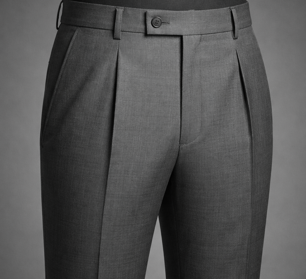 Single pleat suit trousers with one fold on each side for extra room through the thigh while maintaining a tailored look