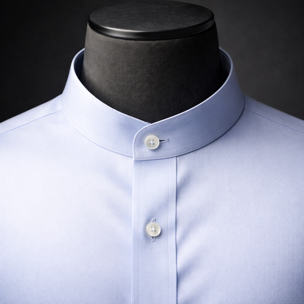 Mandarin collar shirt with short standing band collar — clean minimal style perfect under a bandhgala jacket
