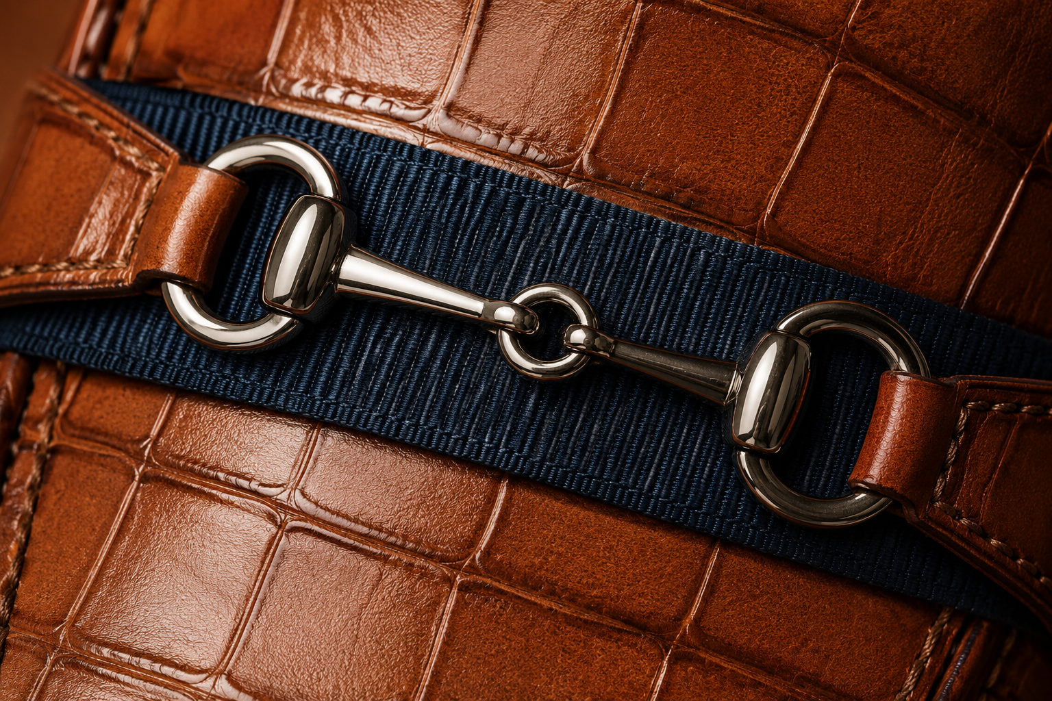 Nickel horsebit + navy grosgrain macro