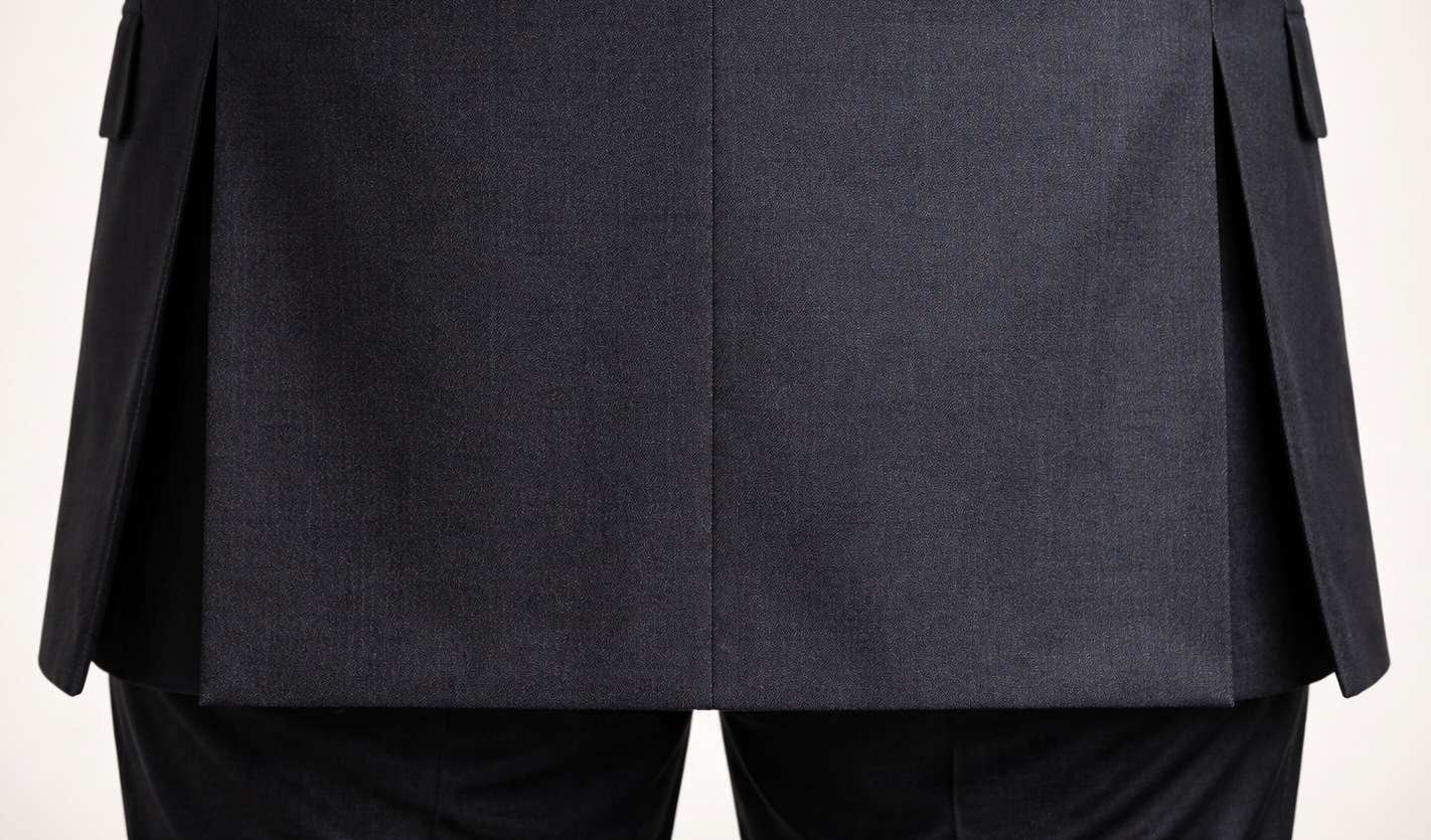 Double vents at the back of a suit jacket — two side slits for a cleaner drape when hands are in pockets