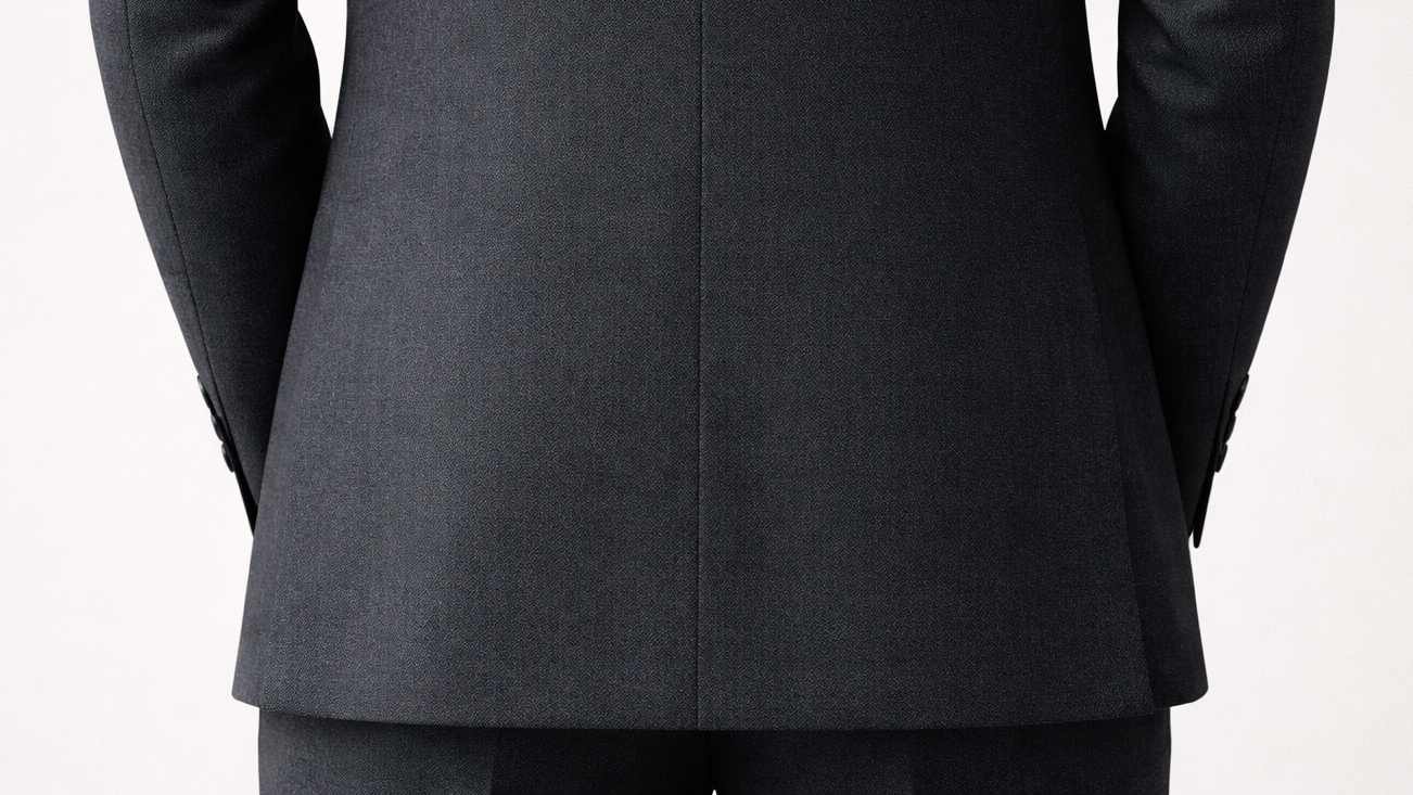 No vent suit jacket back — clean unbroken line for a sleek formal silhouette