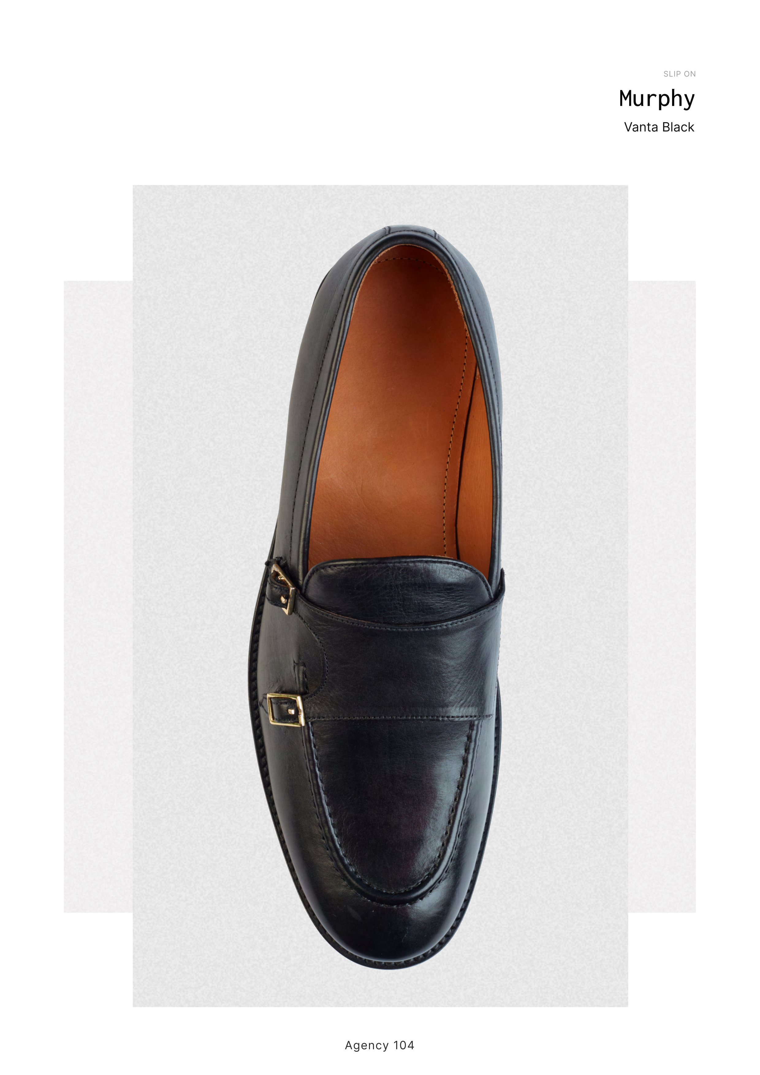 Murphy as catalogued — the studio reference for the Vanta Black apron-front loafer on the Agency 104 last