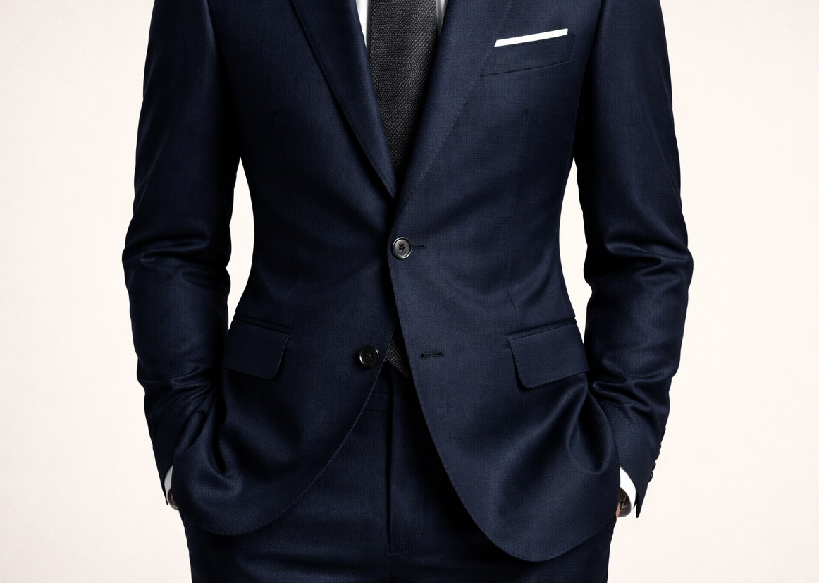 Two-button single-breasted suit jacket — the most popular and universally flattering style for bespoke suits