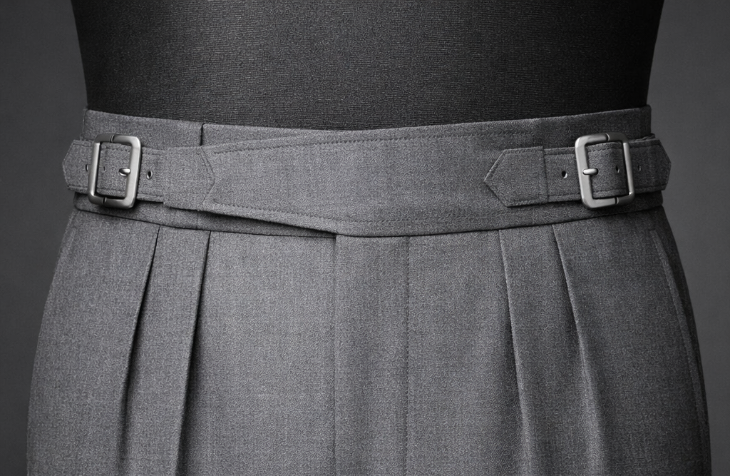 Trouser waistband with side adjusters — beltless closure with adjustable tabs for a clean formal look