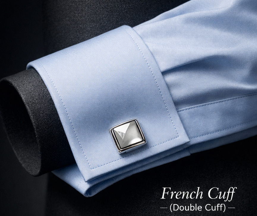 French double cuff dress shirt that folds back and fastens with cufflinks — elegant and formal