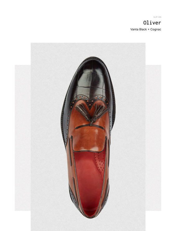 Oliver as catalogued — the studio reference for the Vanta Black + Cognac tassel loafer on the Tigris 45 last
