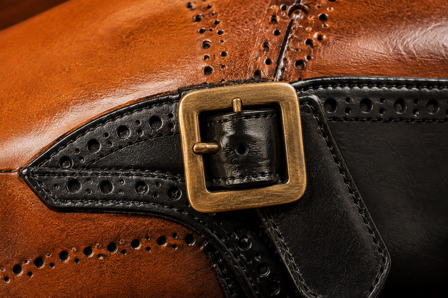 Antique-brass buckle + tan/black seam macro