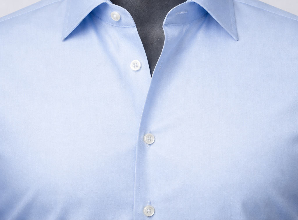 French front shirt with no visible placket — clean seamless button line for a minimal formal look