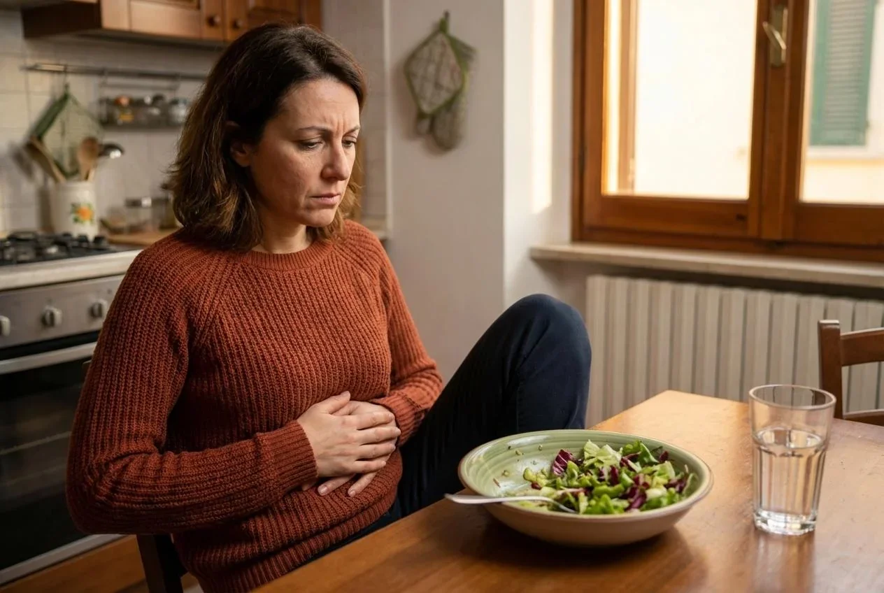 Woman holding her abdomen at a kitchen table beside a salad