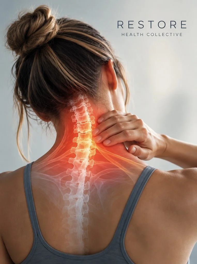 Illustration of neck pain with the cervical spine highlighted, Restore Health Collective chiropractic care in St. Johns, FL