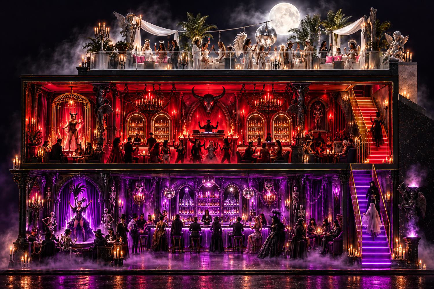 Dollhouse-style concept of Stonewall transformed for Hallo Queer: a purple haunted Underworld on the lowest level, a red-lit Hell above, and a white, moonlit Purgatory rooftop.