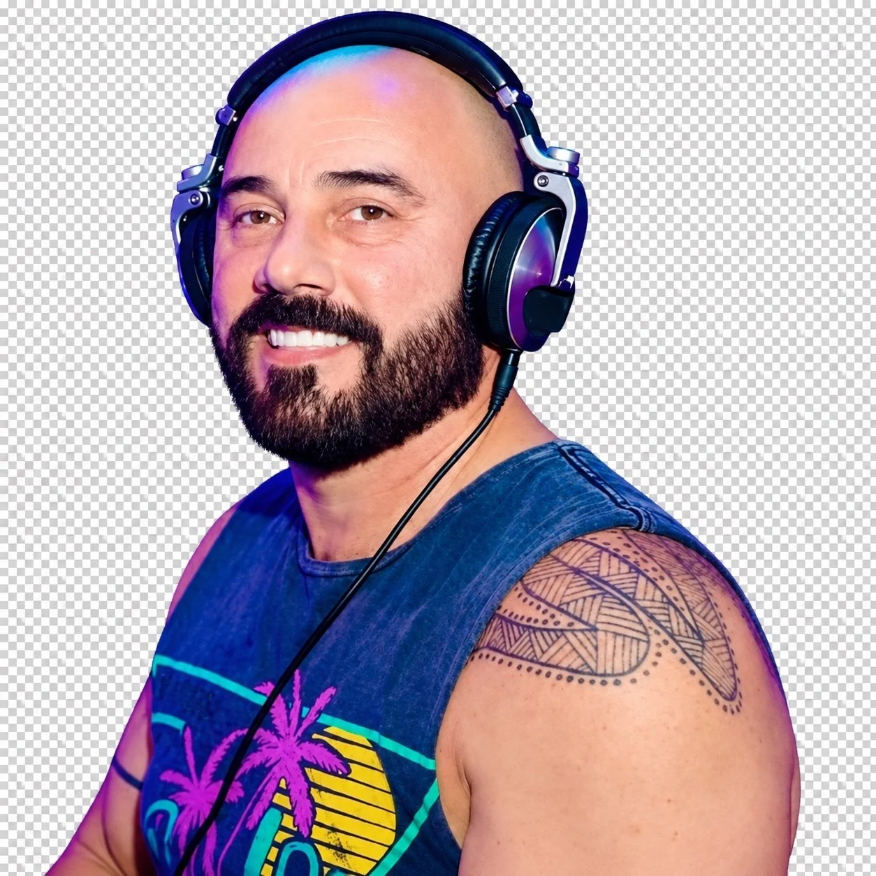 DJ Chip smiling in headphones and a sleeveless shirt