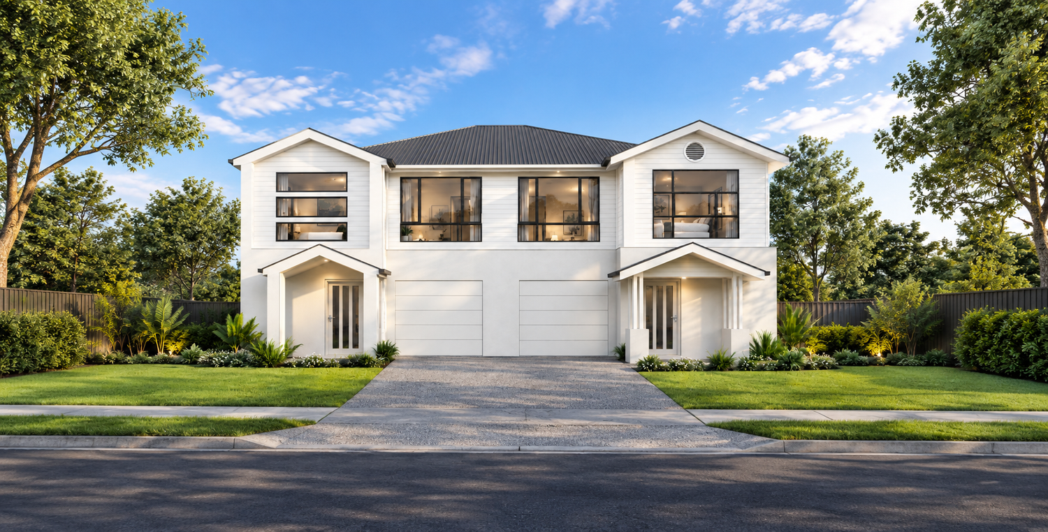 Two-storey Hampton-style duplex