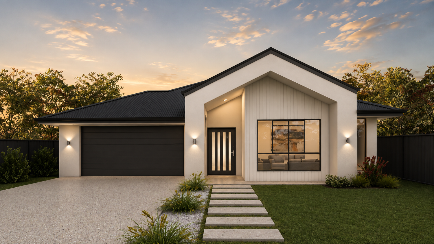 Single-storey home with gabled entry at dusk