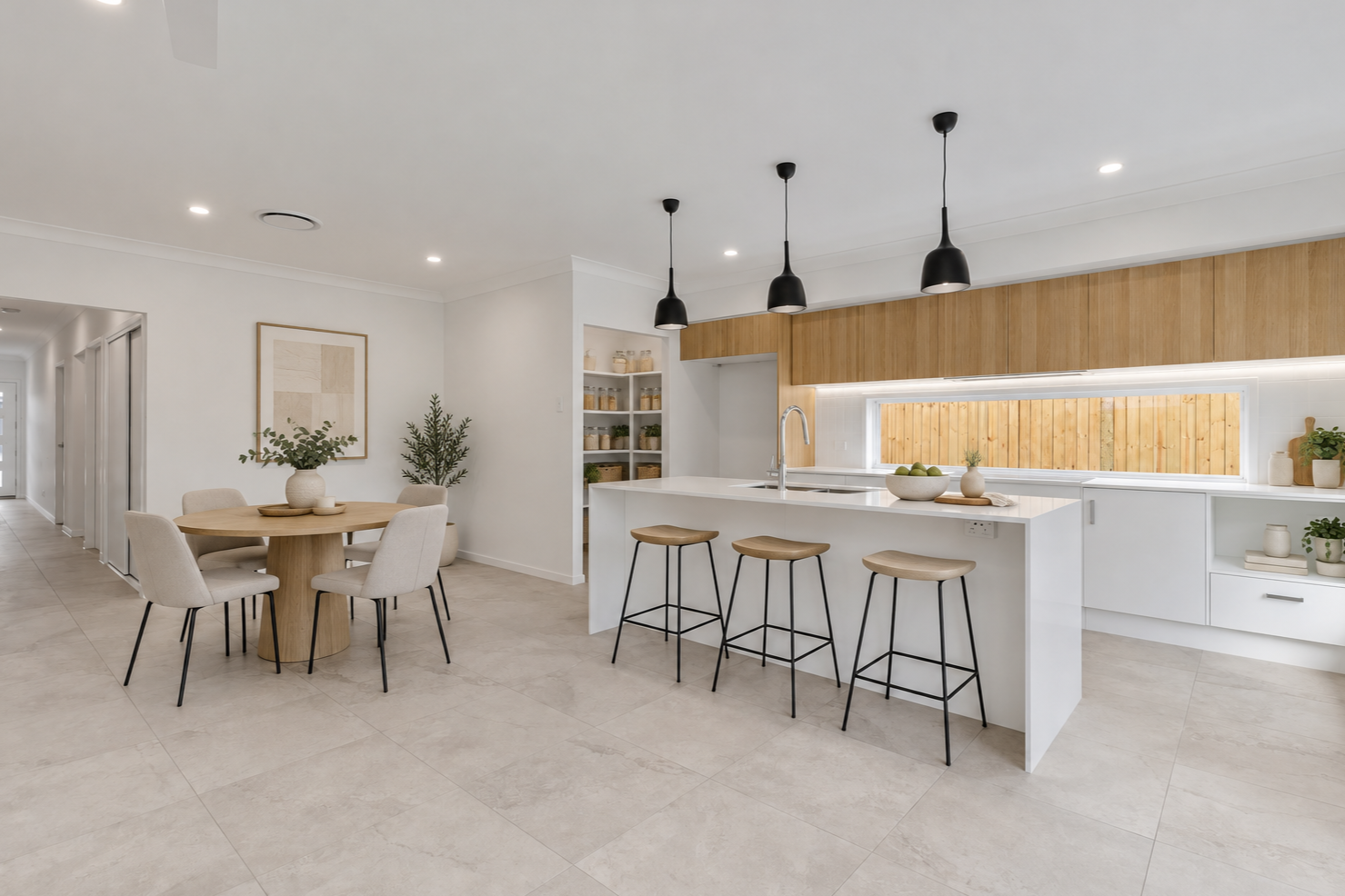 Open-plan kitchen with island bench and dining area