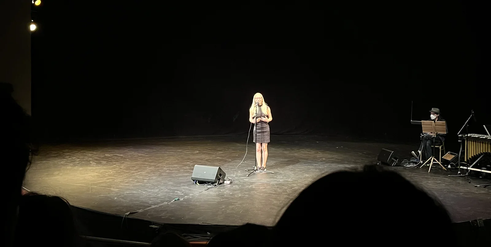 Ali Blackmon at a microphone on a spotlit stage, with audience silhouettes in the foreground.