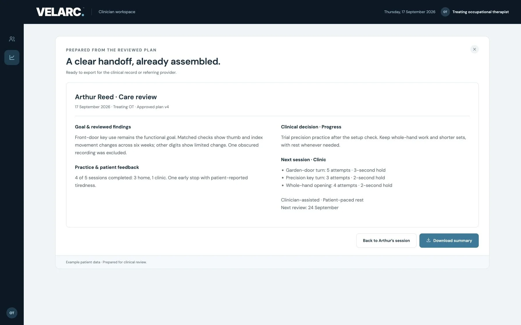 Clinician care record connecting plan ownership, reviewed findings and the approved next session.