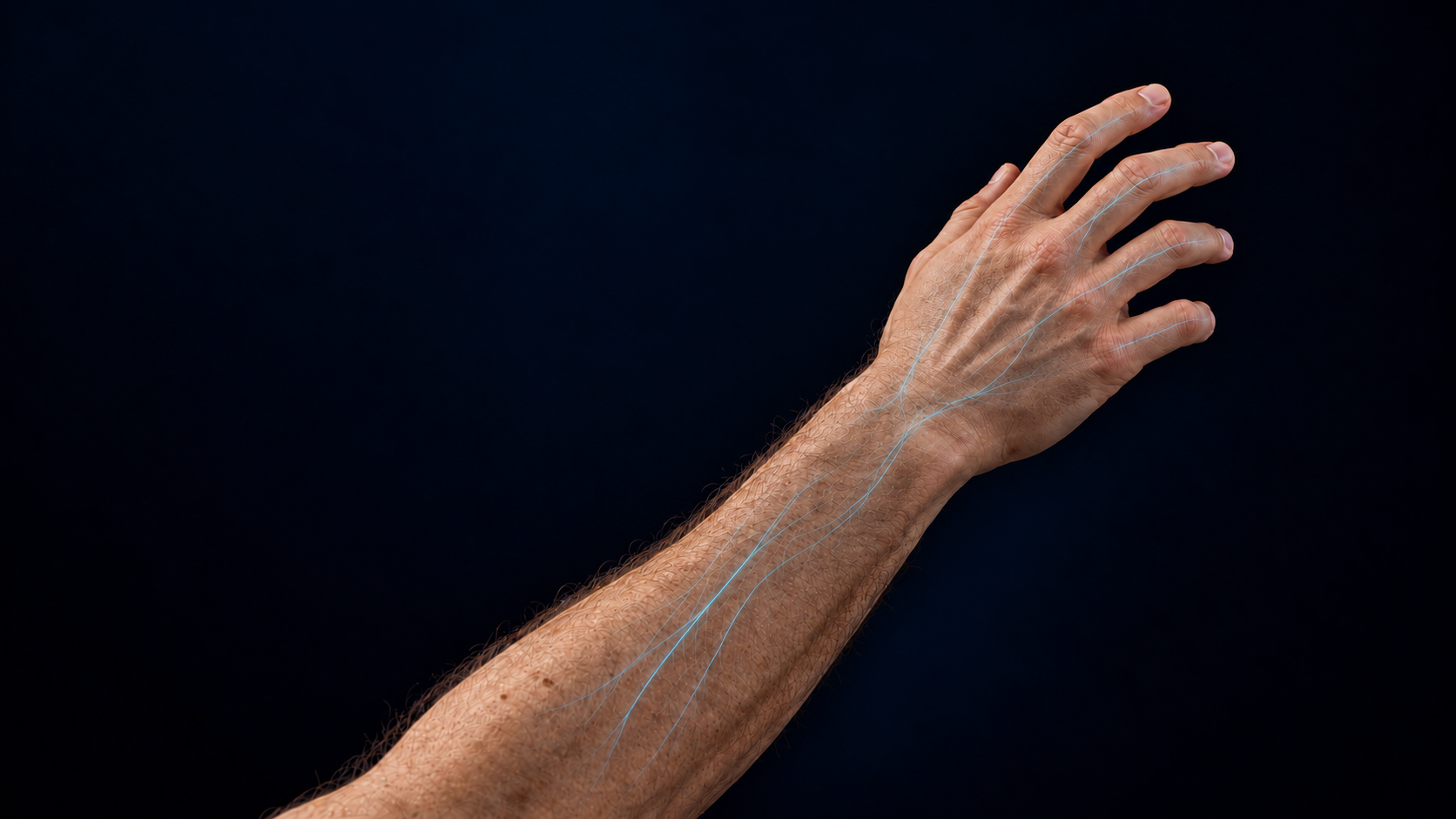 A gently reaching hand, with fine blue light extending through the forearm and fingers.