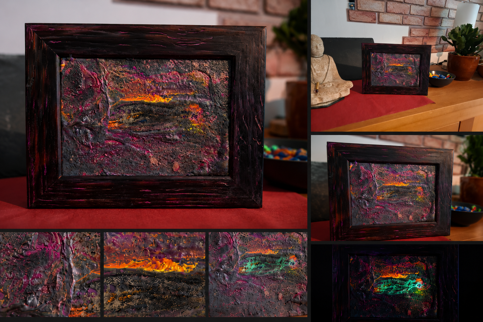 Leuchtkern im Sediment · Mini-Original von Markus Willems Köln · 18×13 cm Mixed Media · mineralische Sedimentstruktur mit Leuchtpigmenten im Zentrum, handveredelter gewachster Rahmen · vergeben